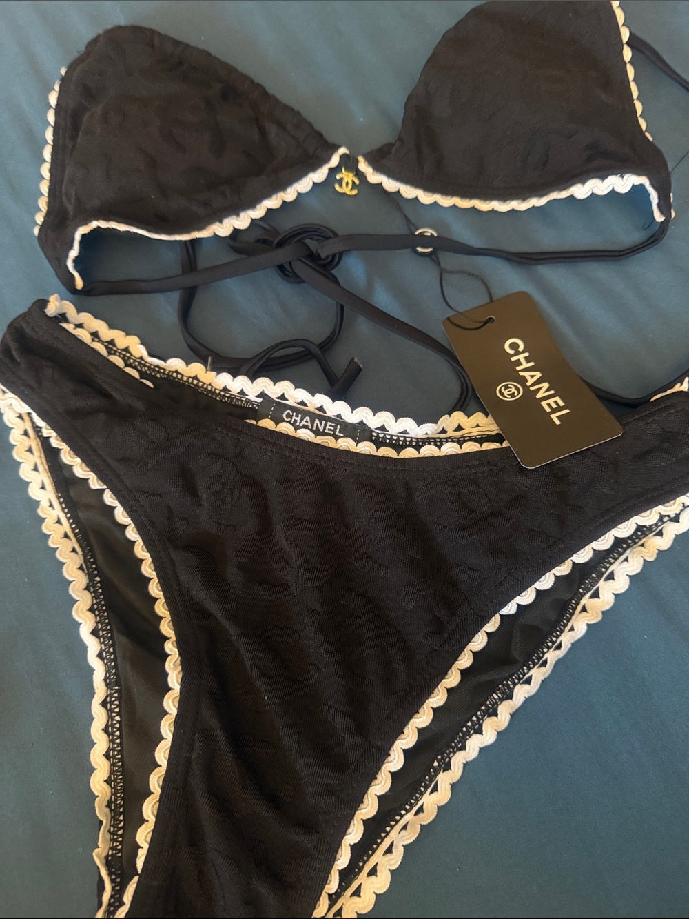 CHANEL Black Bikini Set with White Scalloped Trim